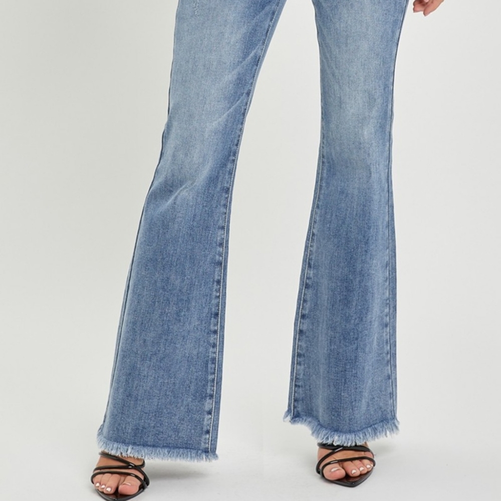 RISEN Tummy Control High-Rise Slim Fit Pants Frayed Flare Hem Retro Denim Jeans - Picture 14 of 15